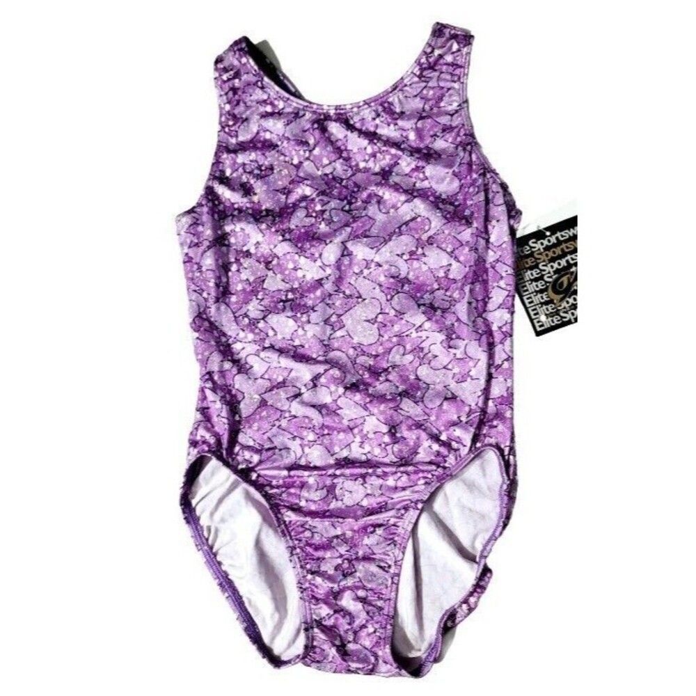 GK Elite Gymnastics Dance Racerback Keyhole Leotard Foil Hearts Purple Adult L